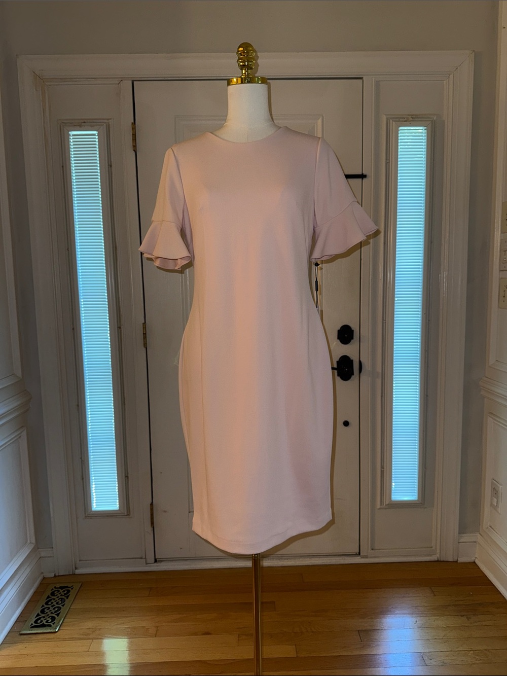Calvin Klein Pale Pink Ruffle-Sleeve Sheath Midi Dress